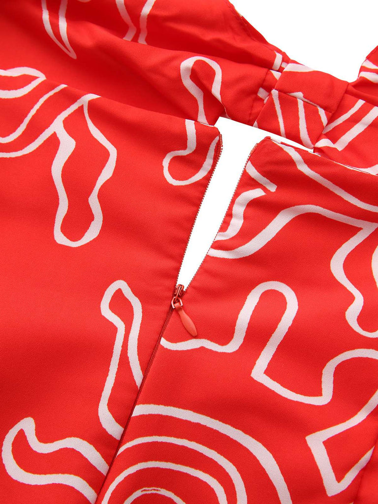 Abito con scollo a V e stampa astratta rosso anni '60