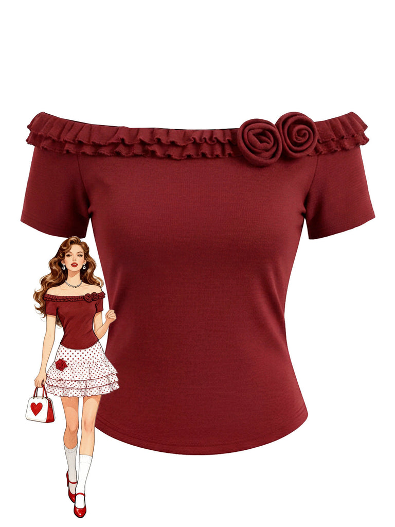 [Prevendita] Top in maglia a rose con volant e spalle scoperte rosso anni '50