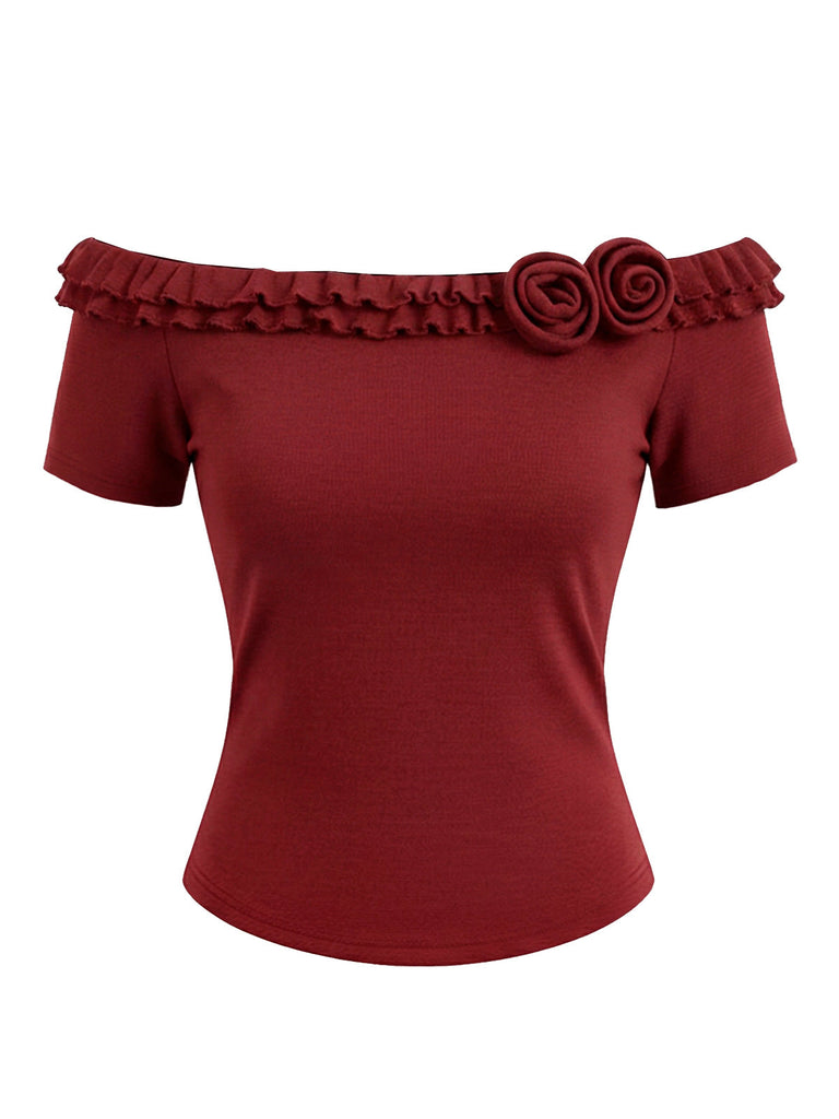 [Prevendita] Top in maglia a rose con volant e spalle scoperte rosso anni '50
