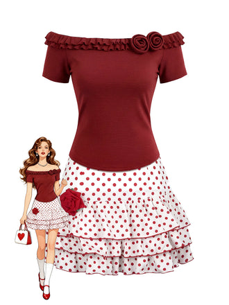 [Prevendita] 2PCS Top in maglia rose arricciate e gonna a pois rosso anni '50