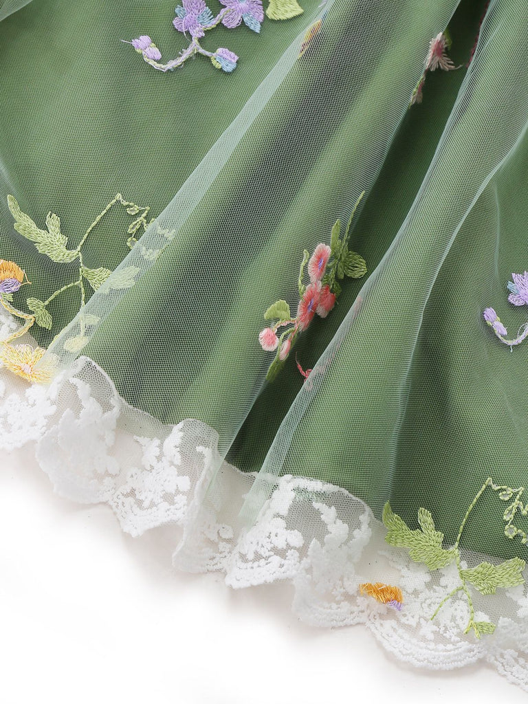 [Prevendita] Abito ricamo floreale in rete con maniche a sbuffo verde anni '50