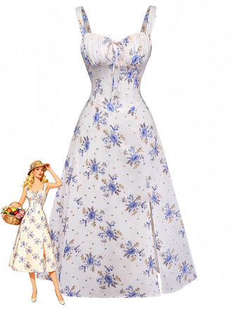 Abito floreali con spacchi laterali e lacci beige anni '50