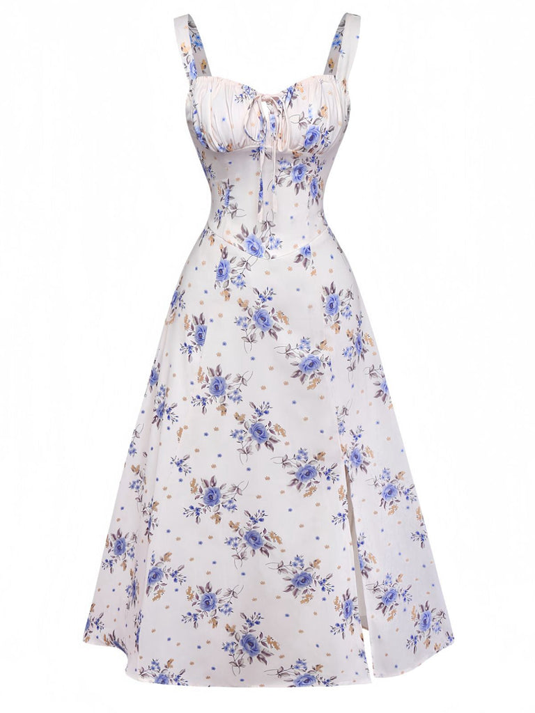 Abito floreali con spacchi laterali e lacci beige anni '50