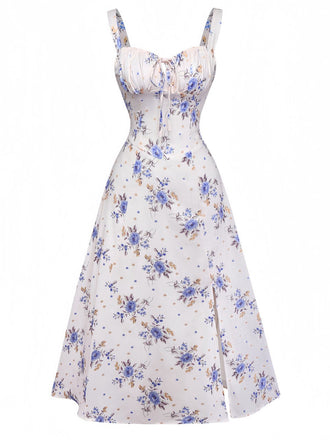 Abito floreali con spacchi laterali e lacci beige anni '50