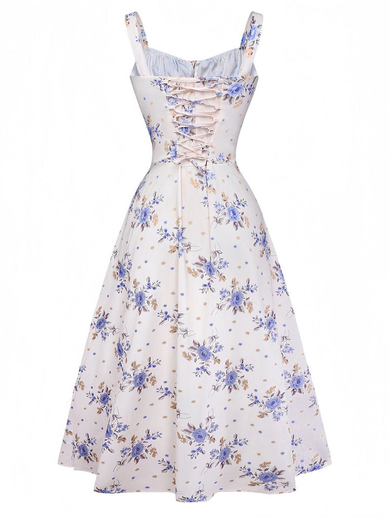 Abito floreali con spacchi laterali e lacci beige anni '50