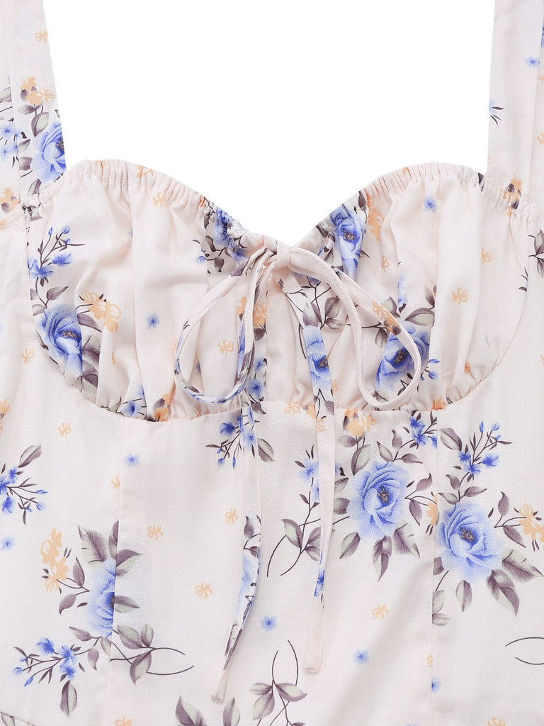 Abito floreali con spacchi laterali e lacci beige anni '50