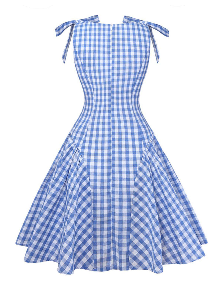 Abito a quadri Gingham con spalline annodate blu anni '60