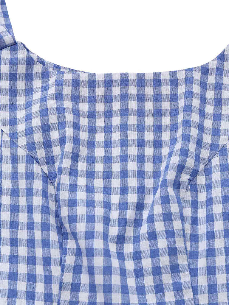 Abito a quadri Gingham con spalline annodate blu anni '60