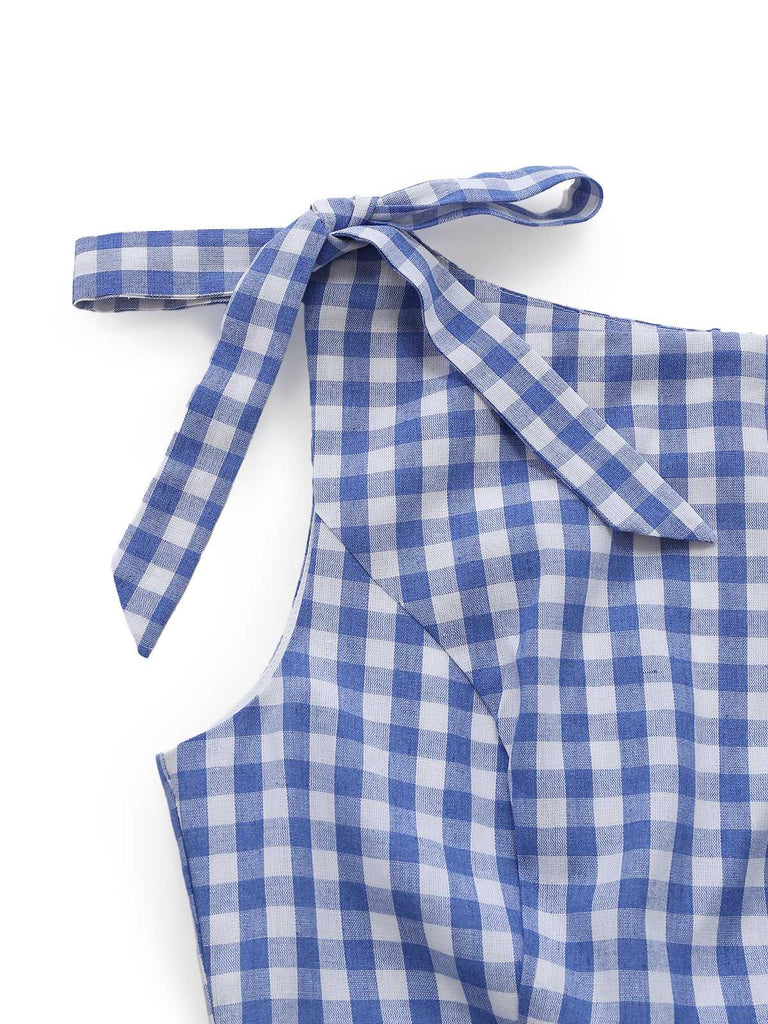Abito a quadri Gingham con spalline annodate blu anni '60