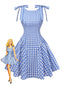 Abito a quadri Gingham con spalline annodate blu anni '60