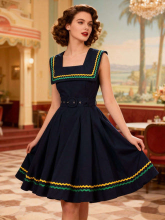 Abito a righe ondulate con scollo quadrato blu navy anni '50