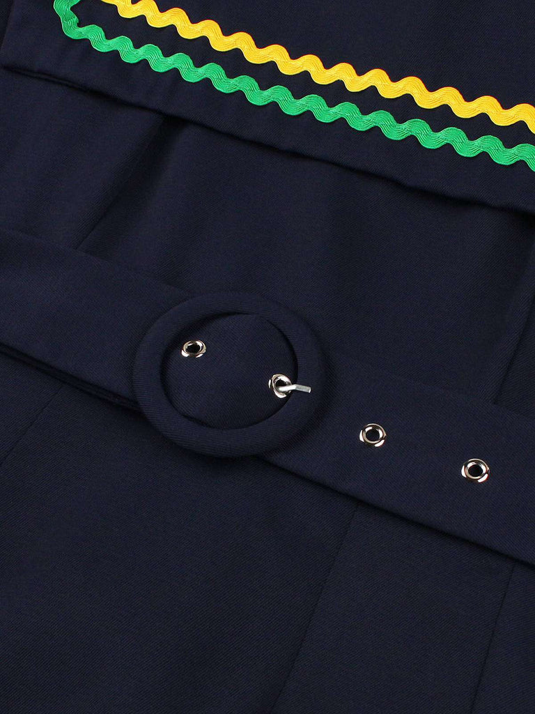 Abito a righe ondulate con scollo quadrato blu navy anni '50