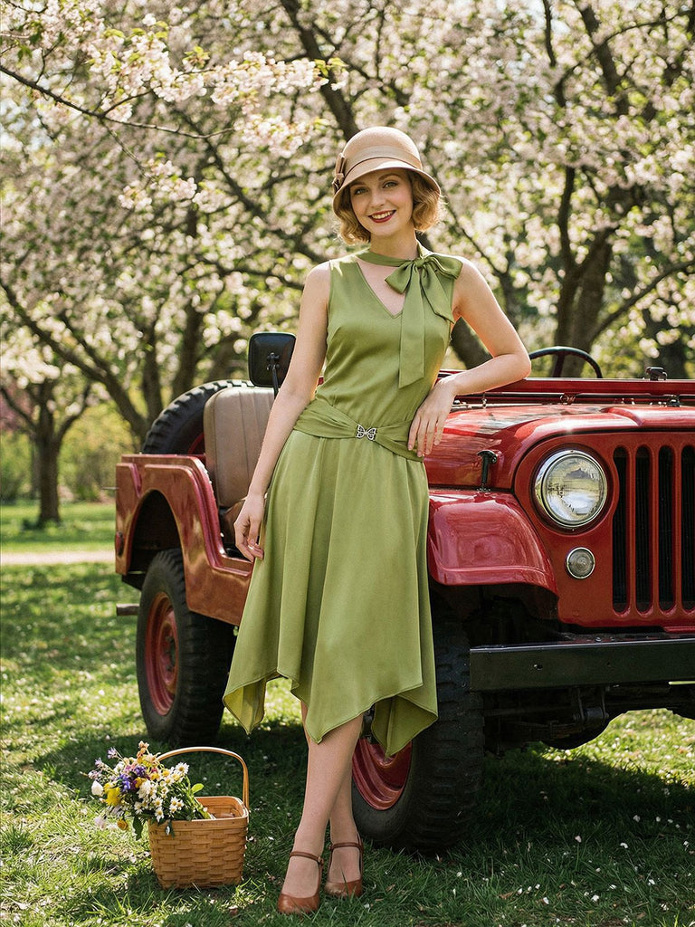 [Prevendita] Abito chartreuse anni '20 con orlo a fazzoletto scintillante