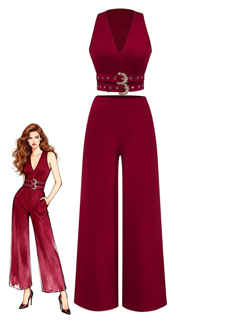 2PCS Gilet con cintura a V profonda e pantaloni tinta unita anni '50