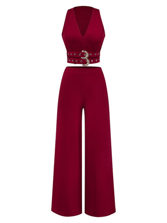 2PCS Gilet con cintura a V profonda e pantaloni tinta unita anni '50