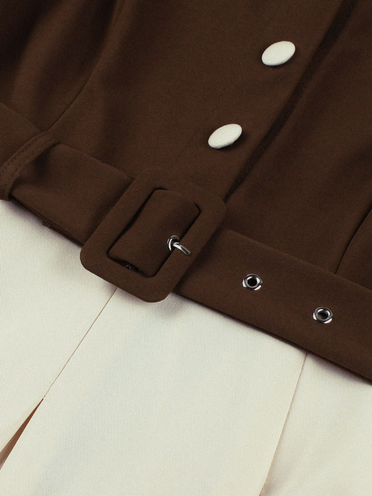 Abito con cintura e revers a contrasto caffè e beige anni '50