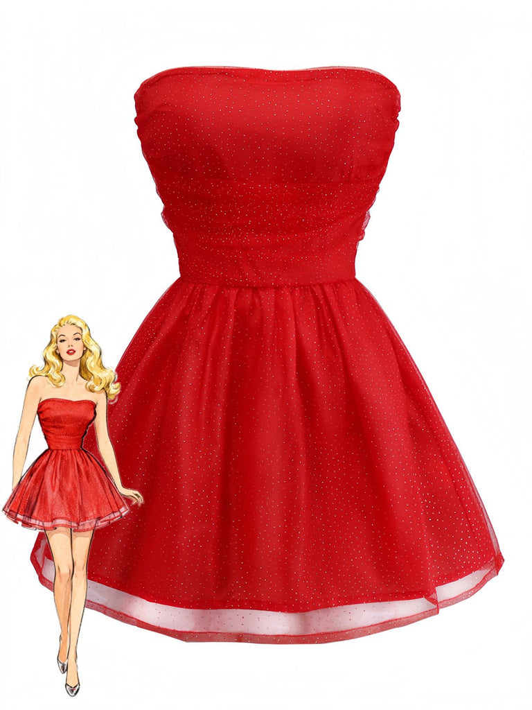 Abito in tulle con lacci sulla schiena e glitter senza spalline anni '60