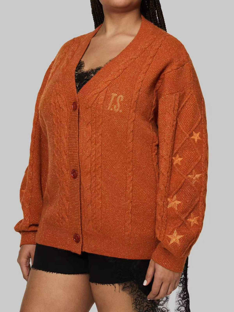 Cardigan con stelle ricamate e scollo a V arancione anni '40