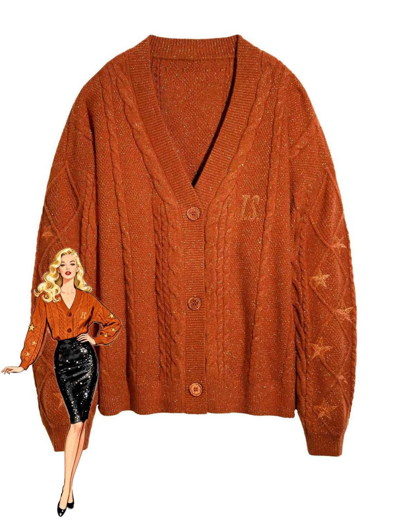 Cardigan con stelle ricamate e scollo a V arancione anni '40
