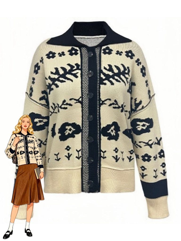 Cardigan a maglia floreale con spalle cadenti beige anni '40