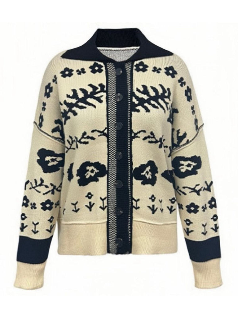 Cardigan a maglia floreale con spalle cadenti beige anni '40