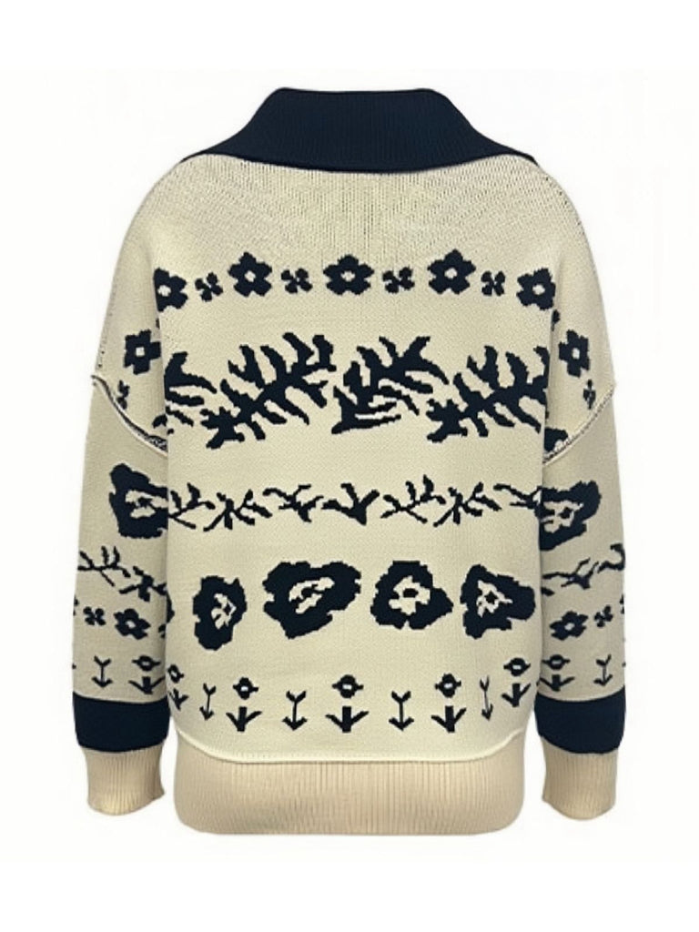 Cardigan a maglia floreale con spalle cadenti beige anni '40