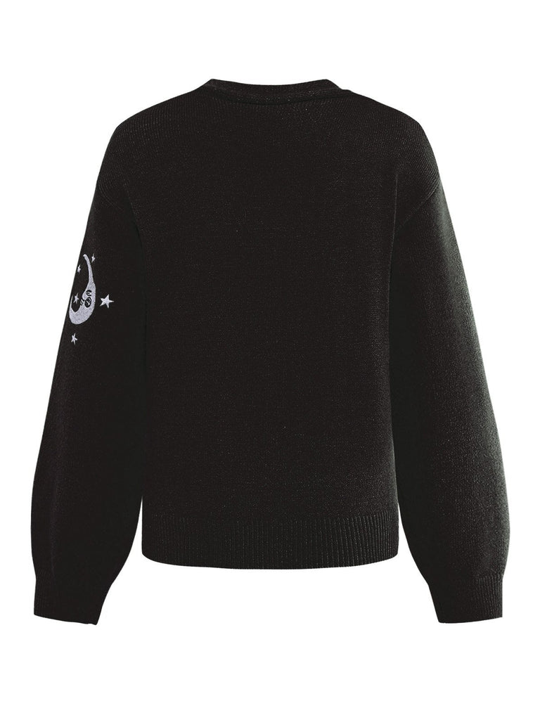 Cardigan lavorato a maglia ricamate con sole e luna anni '80