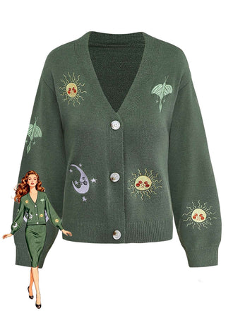 Cardigan lavorato a maglia ricamate con sole e luna anni '80