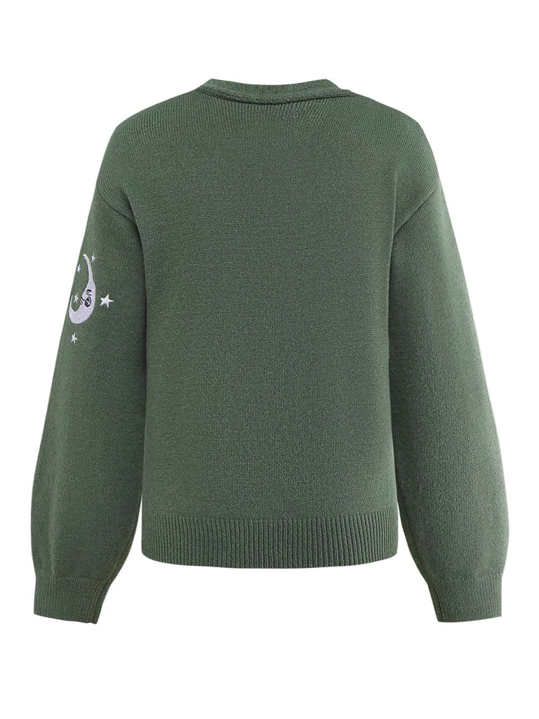 Cardigan lavorato a maglia ricamate con sole e luna anni '80