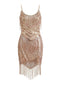 Abito con frange e paillettes con spalline sottili color champagne anni '20