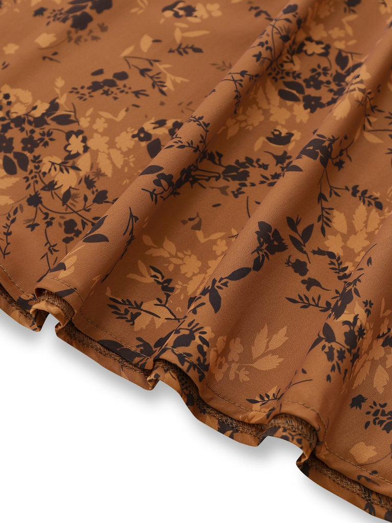 Abito lungo con revers a fiori delicati marrone anni '30