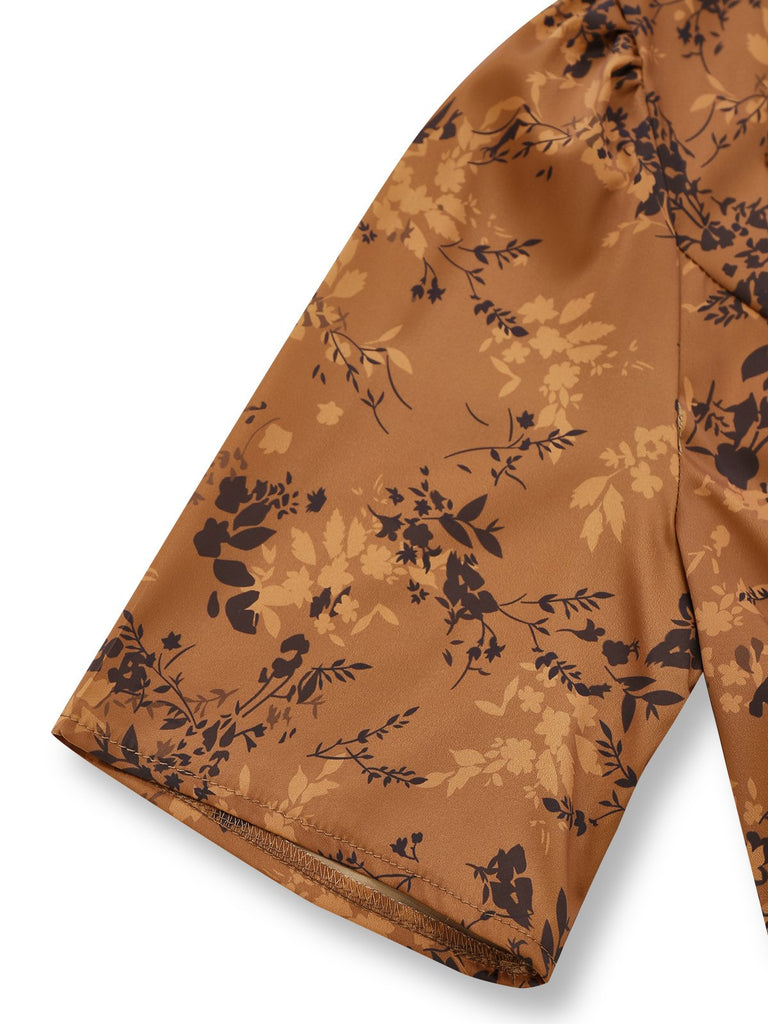 Abito lungo con revers a fiori delicati marrone anni '30