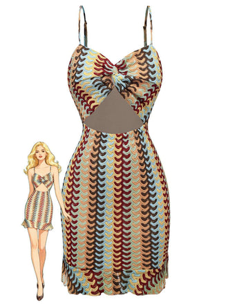 Abito all'uncinetto con orlo arricciato e ritagliato multicolore anni '60