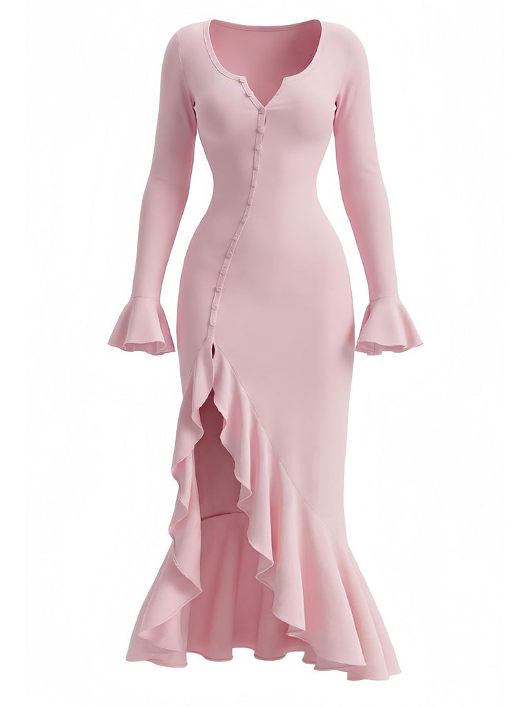 Abito midi volant con spacchi laterali e bottoni arricciati anni '30