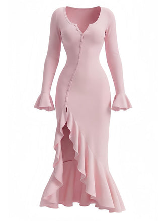 Abito midi volant con spacchi laterali e bottoni arricciati anni '30