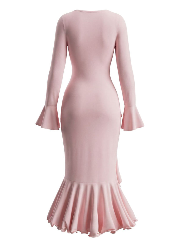 Abito midi volant con spacchi laterali e bottoni arricciati anni '30