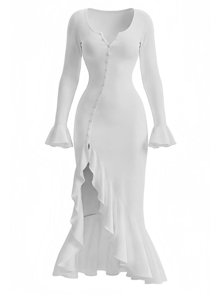 Abito midi volant con spacchi laterali e bottoni arricciati anni '30