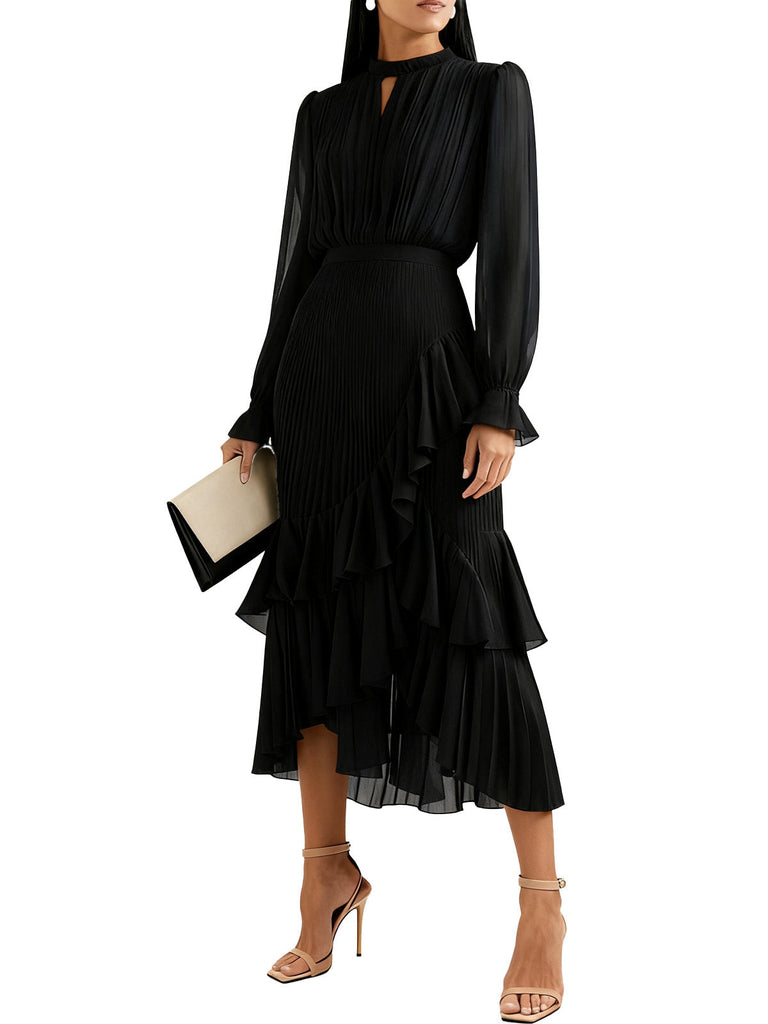 Abito plissettato con orlo arricciato tinta unita verde anni '50