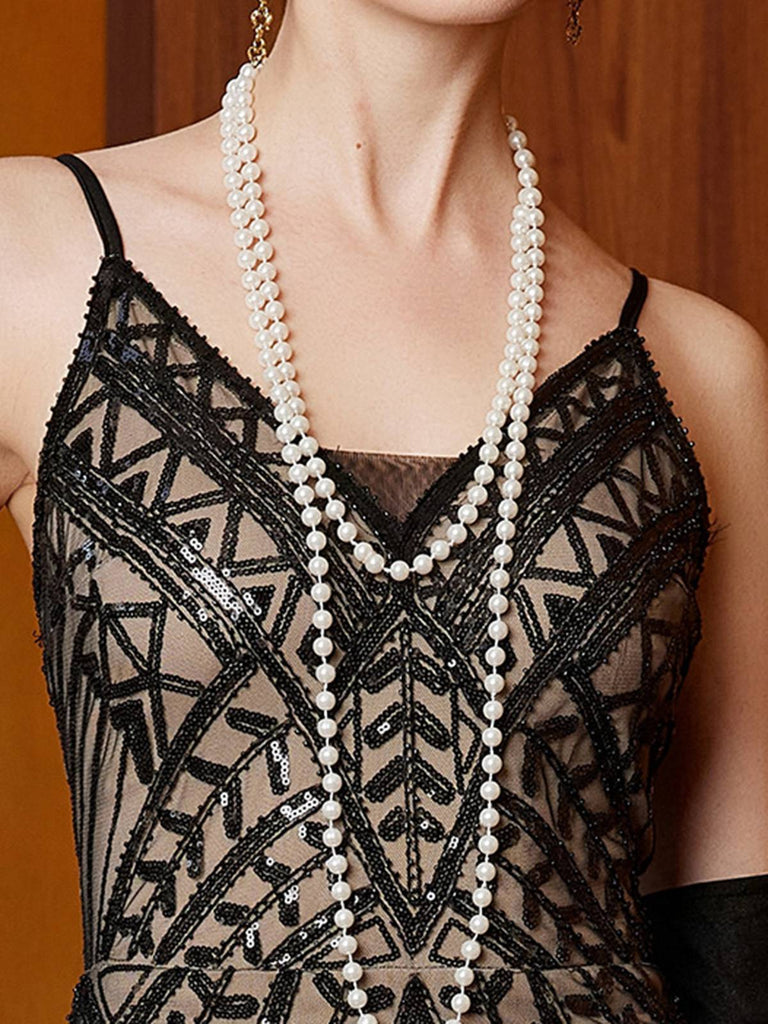 Abito da sera lungo in rete con paillettes Gatsby nero anni '20