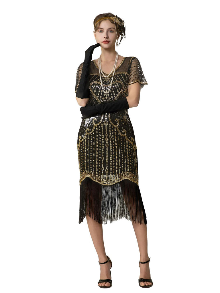 Abito Charleston con frange e perline di paillettes anni '20