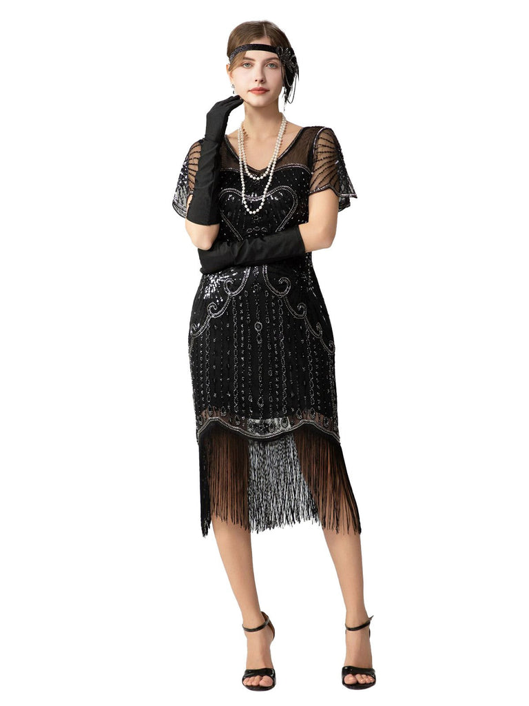 Abito Charleston con frange e perline di paillettes anni '20