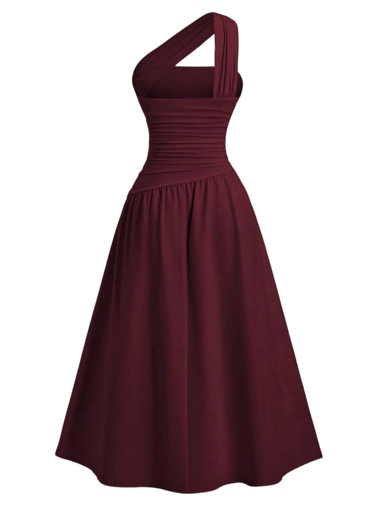 Abito monospalla in cotta con arricciature in vita anni '30