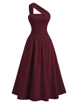 Abito monospalla in cotta con arricciature in vita anni '30