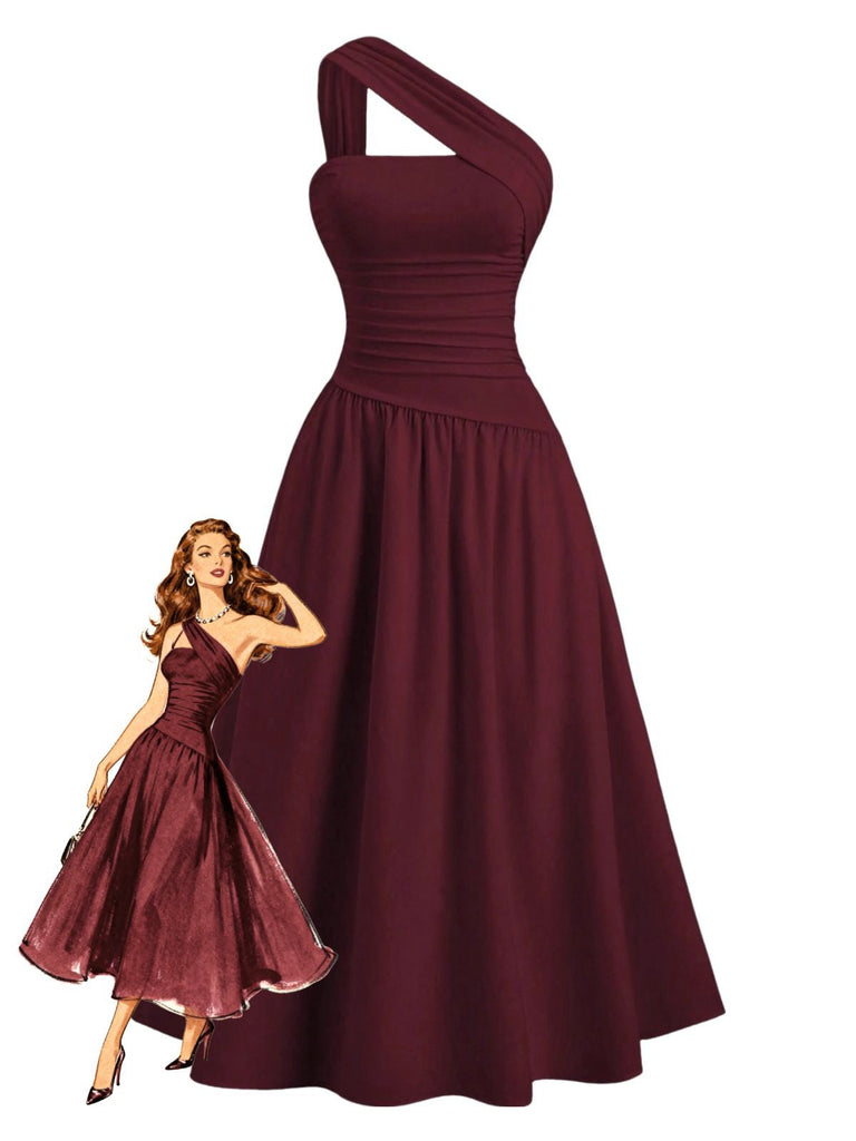 Abito monospalla in cotta con arricciature in vita anni '30