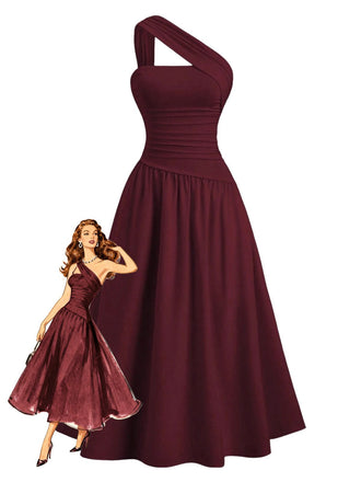 Abito monospalla in cotta con arricciature in vita anni '30