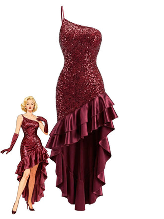 Abito volant e paillettes monospalla alto-basso rosso anni '30