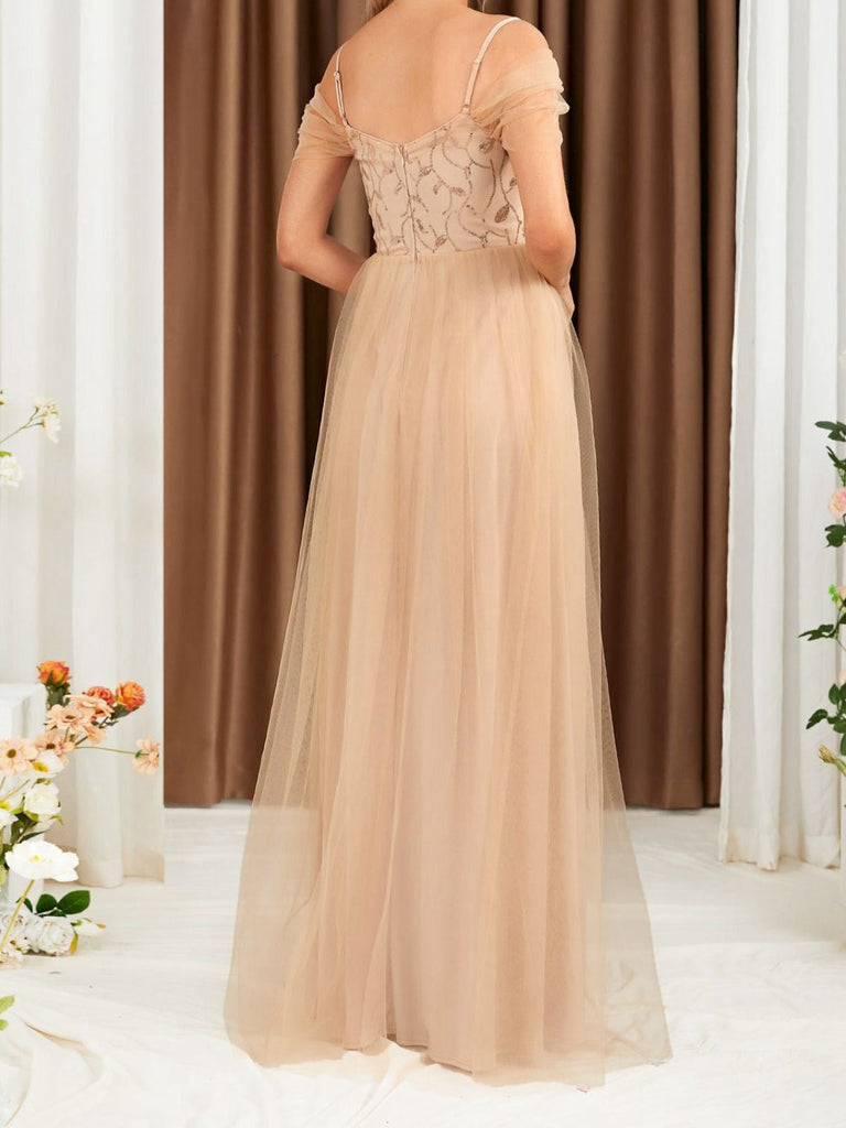 Abito patchwork di paillettes e rete con spalle scoperte beige anni '30