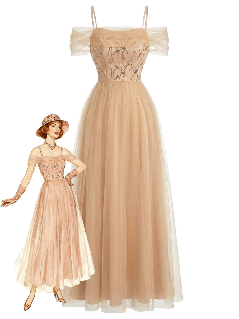 Abito patchwork di paillettes e rete con spalle scoperte beige anni '30