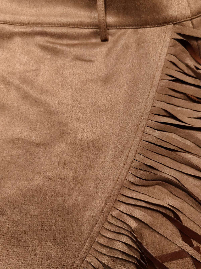 Gonna con frange in finta pelle scamosciata marrone anni '60