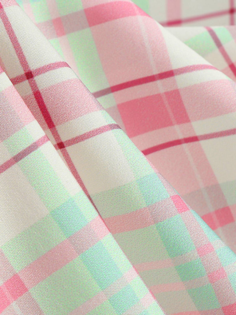 Abito a quadri con scollo all'americana e schiena scoperta rosa anni '50